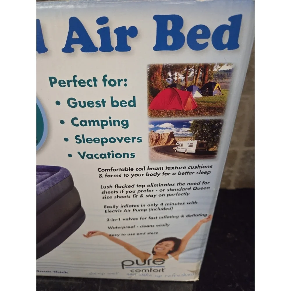 Pure Comfort Queen Size Raised Air Bed With Pump 74x60x22 NIB NICE
